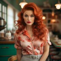 a woman with red hair sitting in a coffee shop generative ai photo