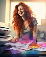 a woman with red hair sitting at a desk with papers generative ai photo