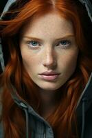 a woman with red hair in a hoodie generative ai photo