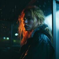 a woman with red hair standing in the rain generative ai photo