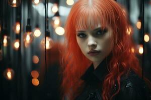 a woman with red hair standing in front of a string of light bulbs generative ai photo