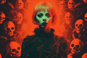 a woman with red hair surrounded by skulls generative ai photo