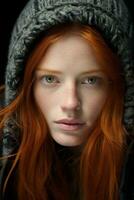 a woman with red hair wearing a hoodie generative ai photo