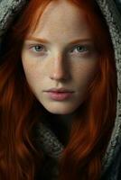 a woman with red hair wearing a hoodie generative ai photo