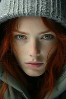 a woman with red hair wearing a hoodie generative ai photo