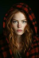 a woman with red hair wearing a plaid hoodie generative ai photo