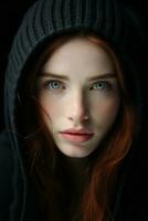 a woman with red hair wearing a hoodie generative ai photo