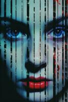 a woman with red lipstick and blue eyes is in front of bars generative ai photo