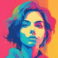 a woman with short hair in a colorful background generative ai photo