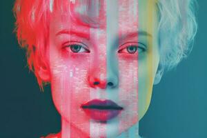 a woman with short hair and a red and blue face generative ai photo