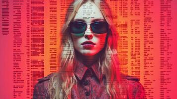 a woman with sunglasses and a red background generative ai photo