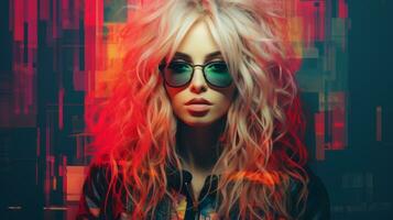 a woman with sunglasses and long hair in front of a colorful background generative ai photo