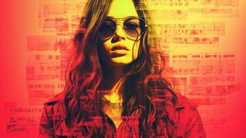 a woman with sunglasses and a red background generative ai photo