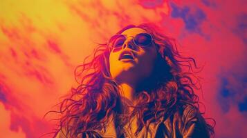 a woman with sunglasses and long hair in front of a colorful sky generative ai photo