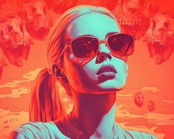 a woman with sunglasses and a skull on her head generative ai photo