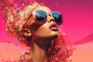 a woman with sunglasses and pink hair in front of a pink background generative ai photo