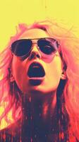 a woman with sunglasses and red paint on her face generative ai photo