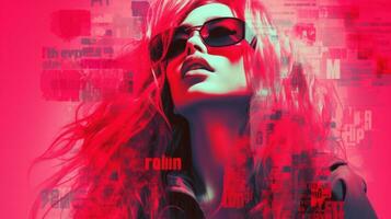 a woman with sunglasses and red hair in front of a pink background generative ai photo