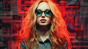a woman with sunglasses and red hair in front of a computer screen generative ai photo