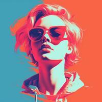 a woman with sunglasses on an orange and blue background generative ai photo