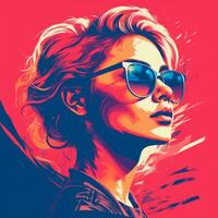 a woman with sunglasses on her face in front of a red and blue background generative ai photo
