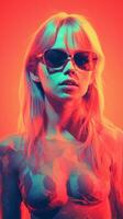 a woman with sunglasses on a red background generative ai photo