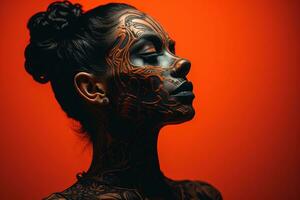 a woman with tattoos on her face against a red background generative ai photo