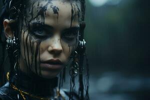 a woman with wet hair and makeup in the rain generative ai photo