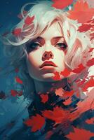 a woman with white hair and red leaves in her hair generative ai photo