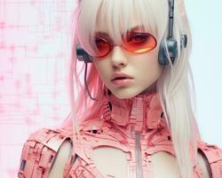 a woman with white hair wearing headphones and a pink outfit generative ai photo