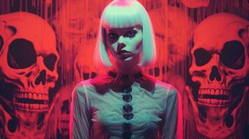 a woman with white hair standing in front of skulls generative ai photo