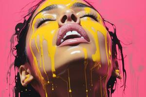 a woman with yellow paint dripping down her face generative ai photo
