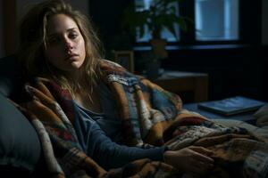 a woman wrapped in a blanket sitting on a couch generative ai photo