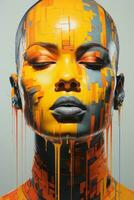 un mujeres cara es pintado con naranja y amarillo pintar generativo ai foto