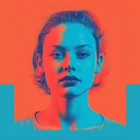 a womans face is shown in an orange and blue background generative ai photo