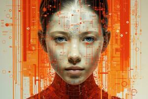 a womans face is shown in an orange and red background generative ai photo