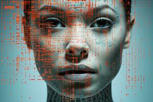 a womans face is surrounded by binary code generative ai photo