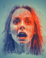 a womans face with red and blue paint on it generative ai photo