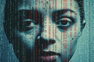 a womans face is surrounded by binary code generative ai photo