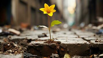 un amarillo flor creciente fuera de un ladrillo pared generativo ai foto