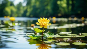 a yellow lotus flower is floating on the surface of a lake generative ai photo
