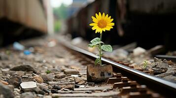 a yellow sunflower is growing on the side of a train track generative ai photo