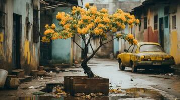 un amarillo árbol en un maceta en el lado de un calle generativo ai foto