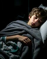 a young boy is sleeping in a bed generative ai photo