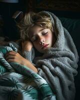 a young boy is sleeping under a blanket generative ai photo