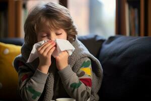 a young boy blowing his nose while sitting on a couch generative ai photo