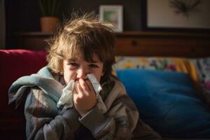 a young boy is blowing his nose while sitting on a couch generative ai photo