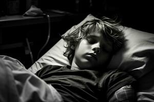 un joven chico dormido en un hospital cama generativo ai foto