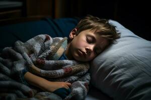 un joven chico dormido en cama con un cobija generativo ai foto