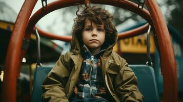 a young boy sitting on a swing at a carnival generative ai photo